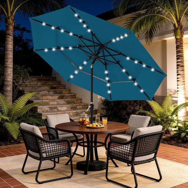 Alt view image 3 of 7 - JEAREY 9 ft 3-Tier Outdoor LED Lighted Patio Umbrella w/Crank, Lake Blue | Solar Market Table Umbrella with 8 Sturdy Ribs, UV Protection Waterproof Sunproof for Garden, Deck and Backyard