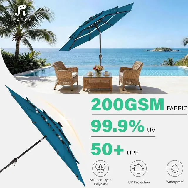 Alt view image 5 of 7 - JEAREY 9 ft 3-Tier Outdoor LED Lighted Patio Umbrella w/Crank, Lake Blue | Solar Market Table Umbrella with 8 Sturdy Ribs, UV Protection Waterproof Sunproof for Garden, Deck and Backyard
