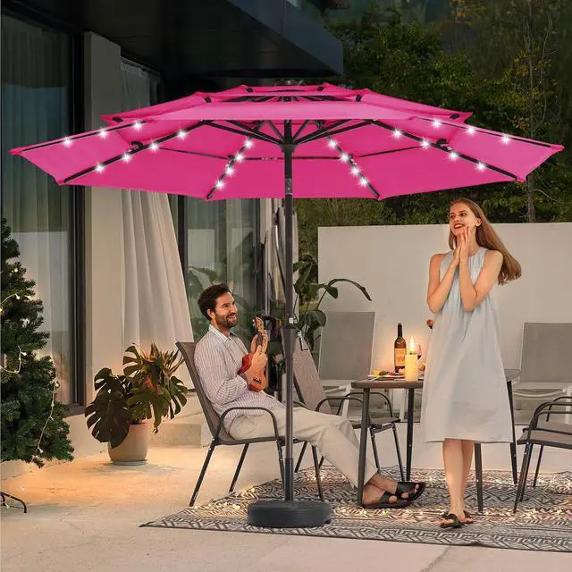 Alt view image 2 of 4 - JEAREY 9 ft 3-Tier Outdoor LED Lighted Patio Umbrella w/Crank, Pink | Solar Market Table Umbrella with 8 Sturdy Ribs, UV Protection Waterproof Sunproof for Garden, Deck and Backyard