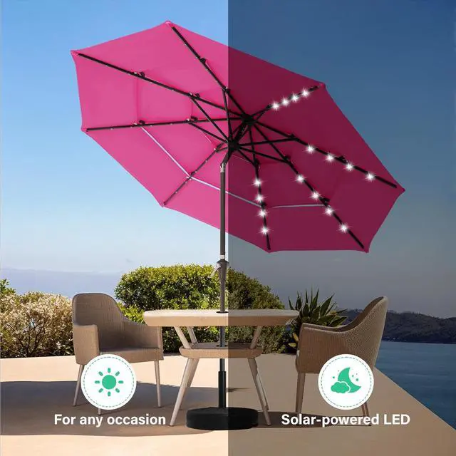 Alt view image 4 of 4 - JEAREY 9 ft 3-Tier Outdoor LED Lighted Patio Umbrella w/Crank, Pink | Solar Market Table Umbrella with 8 Sturdy Ribs, UV Protection Waterproof Sunproof for Garden, Deck and Backyard
