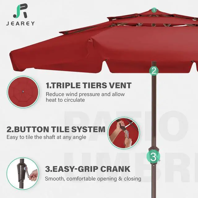 Alt view image 5 of 7 - JEAREY 9 ft 3 Tier Outdoor Patio Umbrella with Push Button, Red | Market Table Umbrella with 8 Sturdy Ribs, Push Button Tilt, UV and Water-Resistant Umbrella for Patio, Garden and Pool