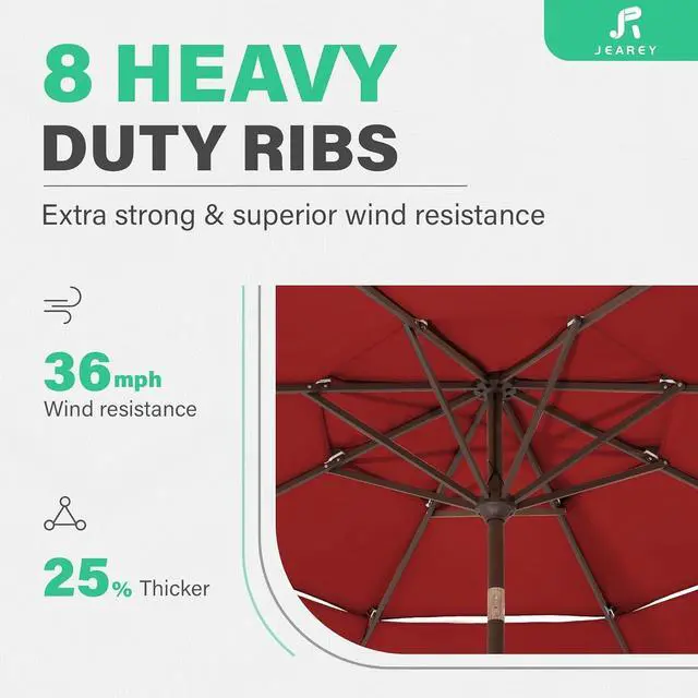 Alt view image 7 of 7 - JEAREY 9 ft 3 Tier Outdoor Patio Umbrella with Push Button, Red | Market Table Umbrella with 8 Sturdy Ribs, Push Button Tilt, UV and Water-Resistant Umbrella for Patio, Garden and Pool