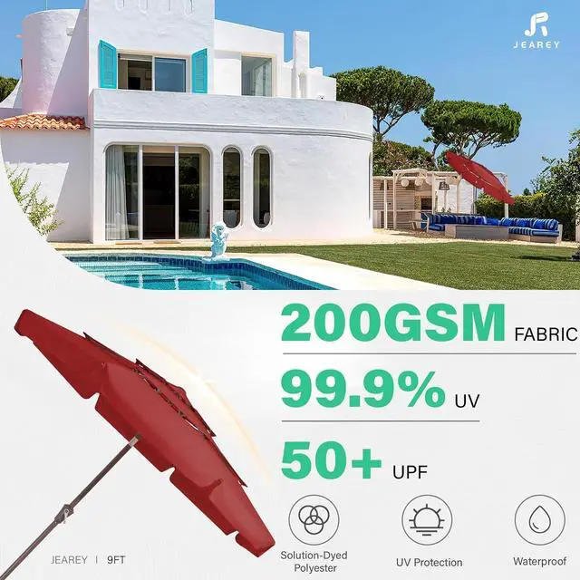 Alt view image 4 of 7 - JEAREY 9 ft 3 Tier Outdoor Patio Umbrella with Push Button, Red | Market Table Umbrella with 8 Sturdy Ribs, Push Button Tilt, UV and Water-Resistant Umbrella for Patio, Garden and Pool