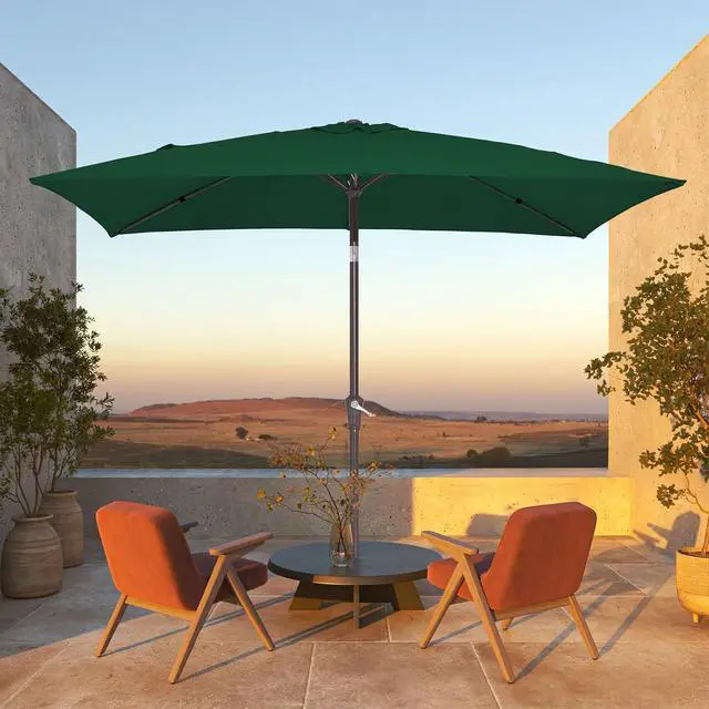 Alt view image 4 of 7 - JEAREY 6.5x10 ft Rectangular Patio Umbrellas Rectangle Outdoor Umbrella with Push Button Tilt and Crank, Market Table Umbrella 6 Sturdy Ribs UV Protection for Poolside Garden Backyard Deck, Dark Green
