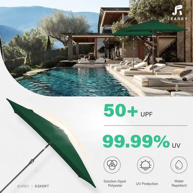 Alt view image 5 of 7 - JEAREY 6.5x10 ft Rectangular Patio Umbrellas Rectangle Outdoor Umbrella with Push Button Tilt and Crank, Market Table Umbrella 6 Sturdy Ribs UV Protection for Poolside Garden Backyard Deck, Dark Green