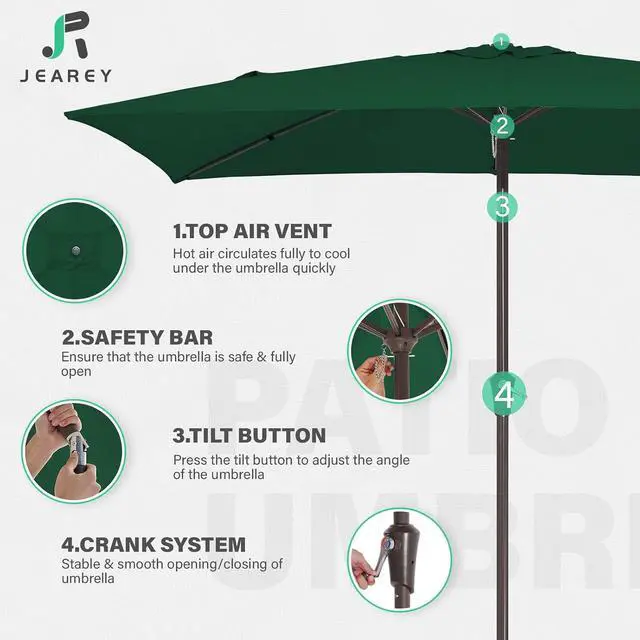 Alt view image 7 of 7 - JEAREY 6.5x10 ft Rectangular Patio Umbrellas Rectangle Outdoor Umbrella with Push Button Tilt and Crank, Market Table Umbrella 6 Sturdy Ribs UV Protection for Poolside Garden Backyard Deck, Dark Green