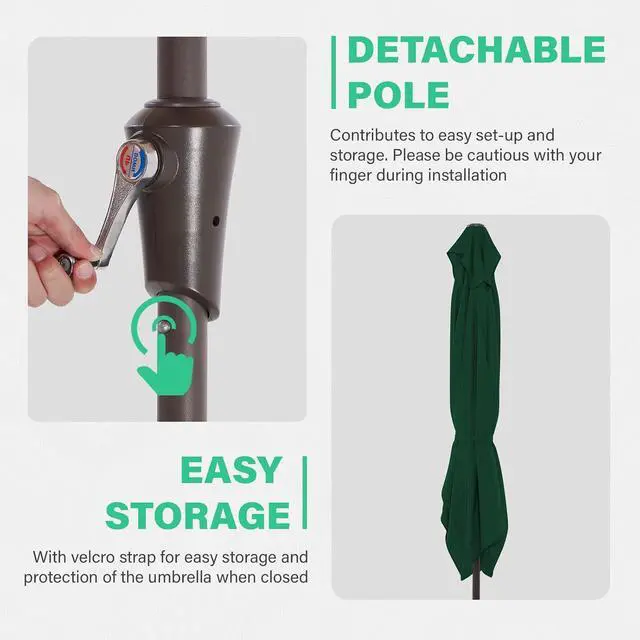 Alt view image 3 of 7 - JEAREY 6.5x10 ft Rectangular Patio Umbrellas Rectangle Outdoor Umbrella with Push Button Tilt and Crank, Market Table Umbrella 6 Sturdy Ribs UV Protection for Poolside Garden Backyard Deck, Dark Green