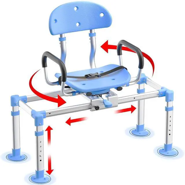Main image of KingPavonini Sliding Shower Chair Tub Transfer Bench, 550 LB Heavy Duty | 360° Swivel Shower Seat, 3-Position Glide, 2mm Flat Frame, Adjustable Height & Backrest, Non-Slip Feet for Elderly Disabled