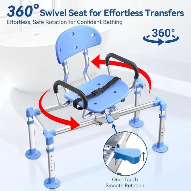 Alt view image 3 of 7 - KingPavonini Sliding Shower Chair Tub Transfer Bench, 550 LB Heavy Duty | 360° Swivel Shower Seat, 3-Position Glide, 2mm Flat Frame, Adjustable Height & Backrest, Non-Slip Feet for Elderly Disabled