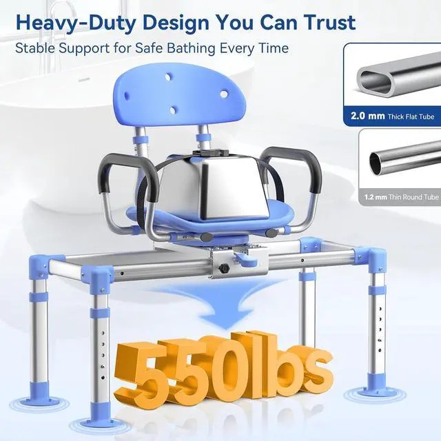 Alt view image 5 of 7 - KingPavonini Sliding Shower Chair Tub Transfer Bench, 550 LB Heavy Duty | 360° Swivel Shower Seat, 3-Position Glide, 2mm Flat Frame, Adjustable Height & Backrest, Non-Slip Feet for Elderly Disabled