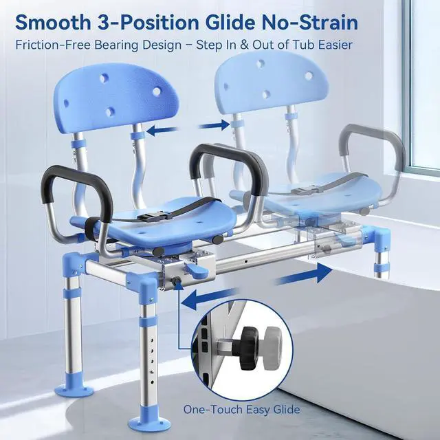 Alt view image 4 of 7 - KingPavonini Sliding Shower Chair Tub Transfer Bench, 550 LB Heavy Duty | 360° Swivel Shower Seat, 3-Position Glide, 2mm Flat Frame, Adjustable Height & Backrest, Non-Slip Feet for Elderly Disabled