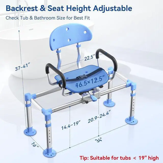 Alt view image 2 of 7 - KingPavonini Sliding Shower Chair Tub Transfer Bench, 550 LB Heavy Duty | 360° Swivel Shower Seat, 3-Position Glide, 2mm Flat Frame, Adjustable Height & Backrest, Non-Slip Feet for Elderly Disabled