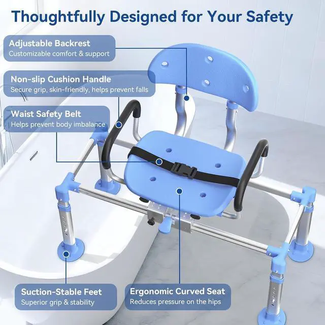 Alt view image 7 of 7 - KingPavonini Sliding Shower Chair Tub Transfer Bench, 550 LB Heavy Duty | 360° Swivel Shower Seat, 3-Position Glide, 2mm Flat Frame, Adjustable Height & Backrest, Non-Slip Feet for Elderly Disabled
