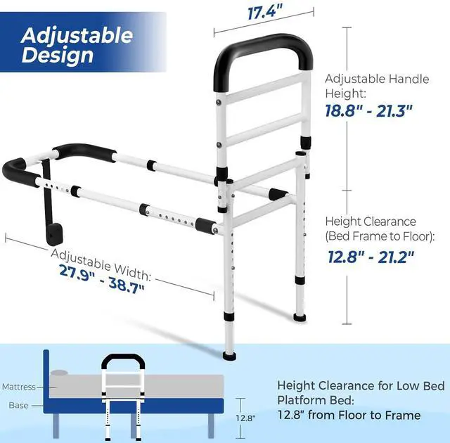 Alt view image 2 of 7 - KingPavonini Bed Rails for Elderly Adults Safety, 400LB Support, Model GL04 | ASTM-Approved, Bed Cane for Post Surgery, Anti-Tip Adjustable Feet & 30° Ergonomic Handle, Height/Width Adjustable