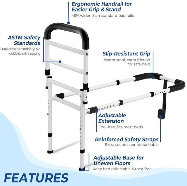 Alt view image 6 of 7 - KingPavonini Bed Rails for Elderly Adults Safety, 400LB Support, Model GL04 | ASTM-Approved, Bed Cane for Post Surgery, Anti-Tip Adjustable Feet & 30° Ergonomic Handle, Height/Width Adjustable