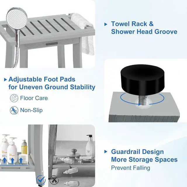 Alt view image 6 of 7 - KingPavonini HDPS 18.6'' Shower Bench for Inside Shower to Sit on, GM | Waterproof Shower Stool for Shaving Legs, 400 lb, Bathroom Chair Seat with Storage Shelf, for Tub/Outdoor Use, Quick Assembly