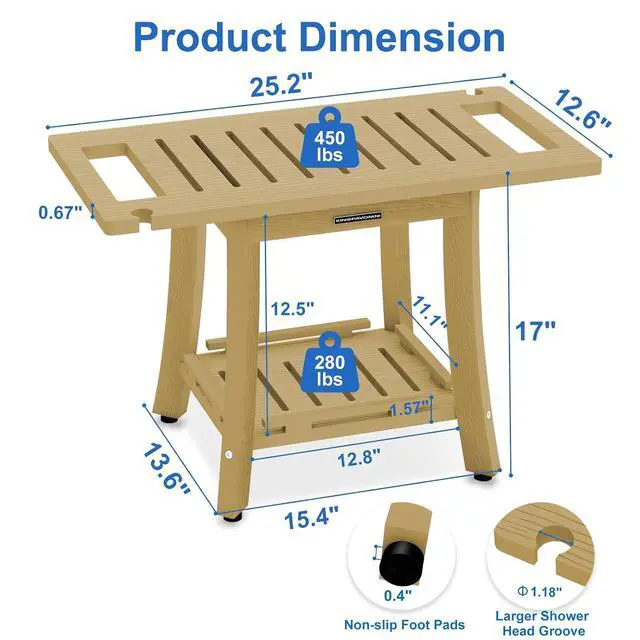 Alt view image 2 of 7 - KingPavonini HDPS 25.2'' Shower Bench for Inside Shower, Bamboo L | Waterproof Shower Stool for Shaving Legs, 450 lb, Bathroom Chair Seat with Storage Shelf, for Tub/Outdoor Use, Quick Assembly