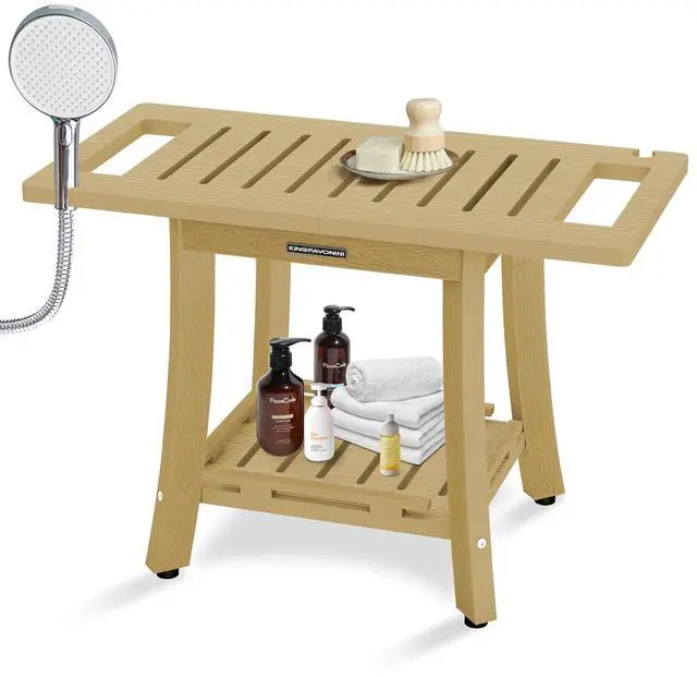 Main image of KingPavonini HDPS 25.2'' Shower Bench for Inside Shower, Bamboo L | Waterproof Shower Stool for Shaving Legs, 450 lb, Bathroom Chair Seat with Storage Shelf, for Tub/Outdoor Use, Quick Assembly