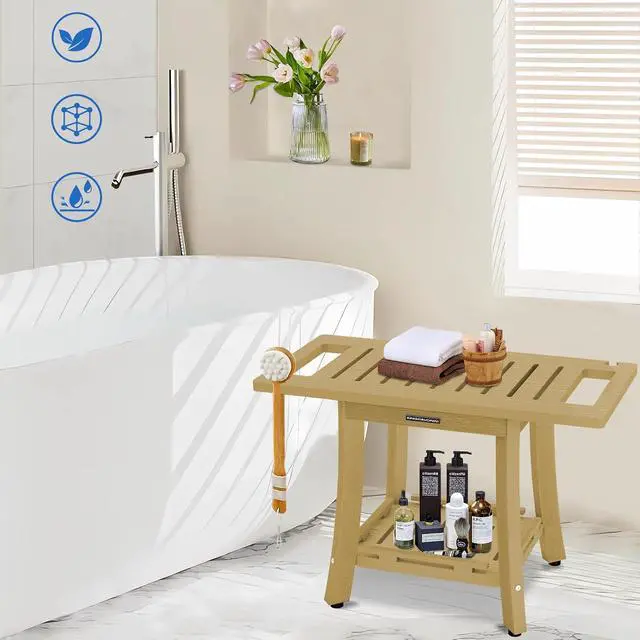 Alt view image 5 of 7 - KingPavonini HDPS 25.2'' Shower Bench for Inside Shower, Bamboo L | Waterproof Shower Stool for Shaving Legs, 450 lb, Bathroom Chair Seat with Storage Shelf, for Tub/Outdoor Use, Quick Assembly