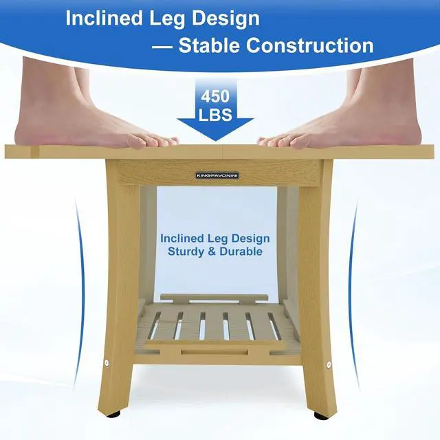 Alt view image 4 of 7 - KingPavonini HDPS 25.2'' Shower Bench for Inside Shower, Bamboo L | Waterproof Shower Stool for Shaving Legs, 450 lb, Bathroom Chair Seat with Storage Shelf, for Tub/Outdoor Use, Quick Assembly