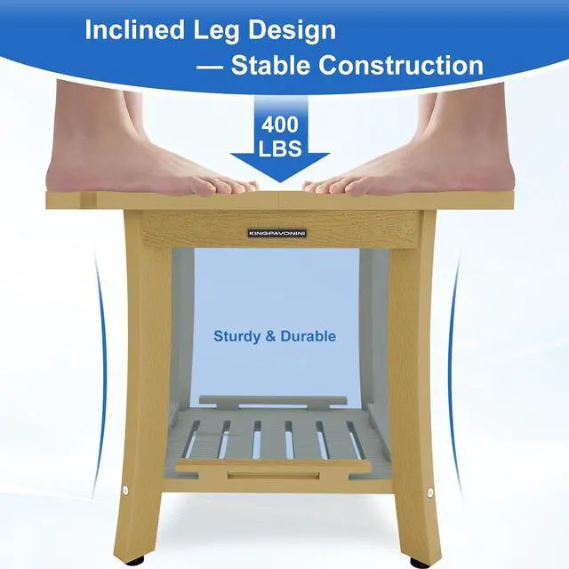 Alt view image 4 of 7 - KingPavonini HDPS 18.6'' Shower Bench for Inside Shower, Bamboo M | Waterproof Shower Stool for Shaving Legs, 400 lb, Bathroom Chair Seat with Storage Shelf, for Tub/Outdoor Use, Quick Assembly