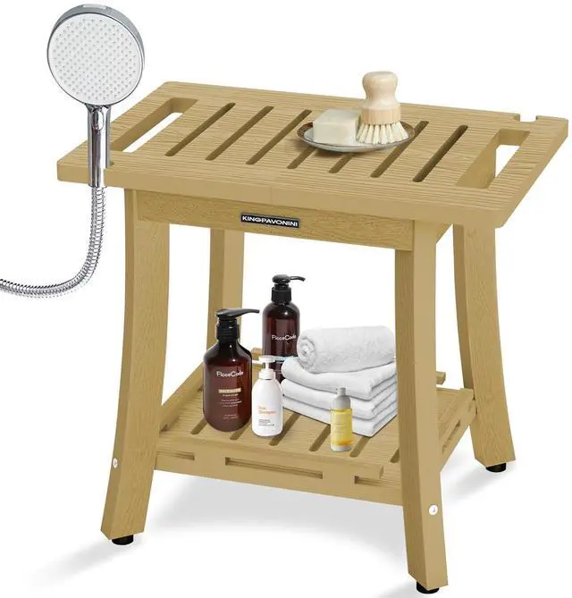 Main image of KingPavonini HDPS 18.6'' Shower Bench for Inside Shower, Bamboo M | Waterproof Shower Stool for Shaving Legs, 400 lb, Bathroom Chair Seat with Storage Shelf, for Tub/Outdoor Use, Quick Assembly