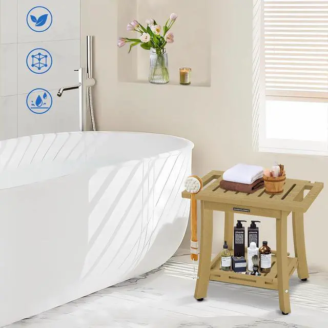 Alt view image 5 of 7 - KingPavonini HDPS 18.6'' Shower Bench for Inside Shower, Bamboo M | Waterproof Shower Stool for Shaving Legs, 400 lb, Bathroom Chair Seat with Storage Shelf, for Tub/Outdoor Use, Quick Assembly