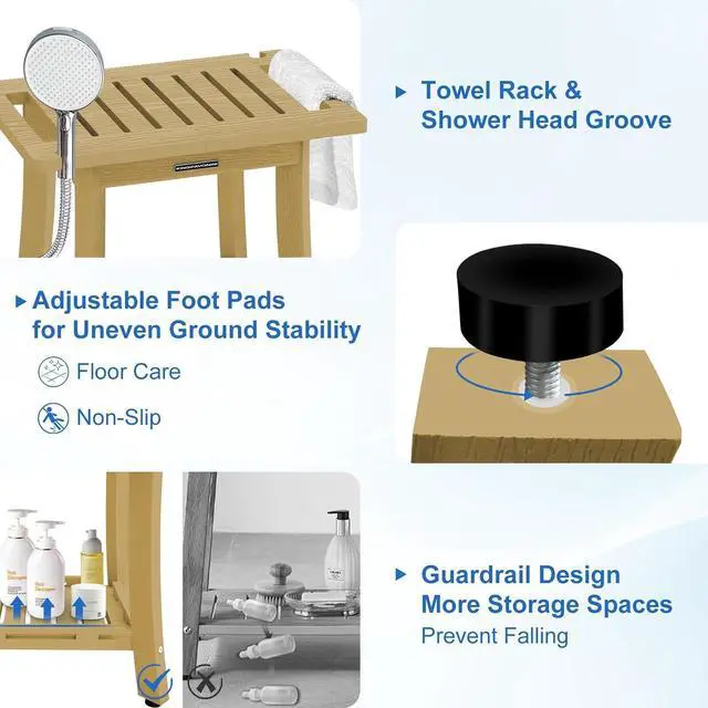 Alt view image 6 of 7 - KingPavonini HDPS 18.6'' Shower Bench for Inside Shower, Bamboo M | Waterproof Shower Stool for Shaving Legs, 400 lb, Bathroom Chair Seat with Storage Shelf, for Tub/Outdoor Use, Quick Assembly
