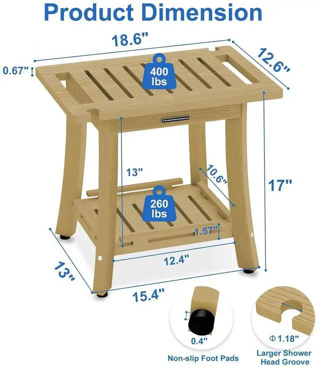 Alt view image 2 of 7 - KingPavonini HDPS 18.6'' Shower Bench for Inside Shower, Bamboo M | Waterproof Shower Stool for Shaving Legs, 400 lb, Bathroom Chair Seat with Storage Shelf, for Tub/Outdoor Use, Quick Assembly