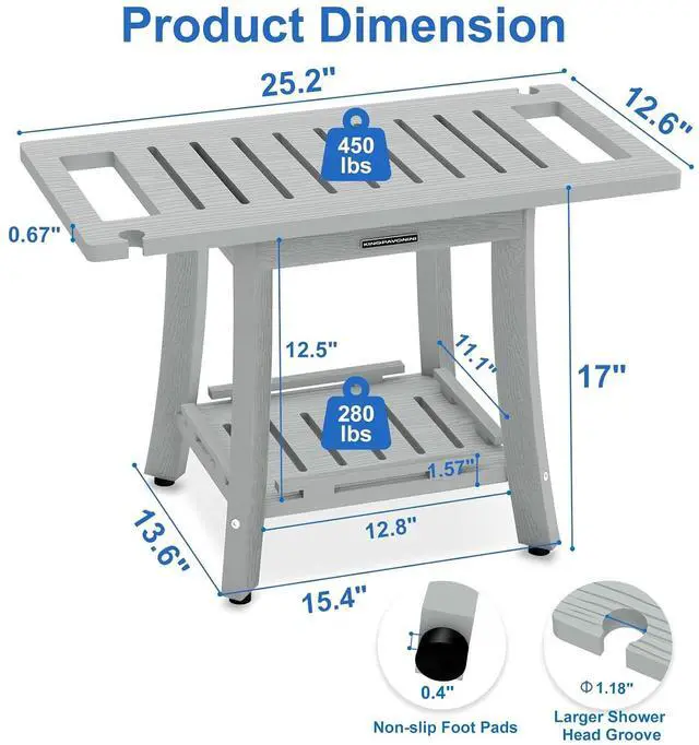 Alt view image 2 of 7 - KingPavonini HDPS Shower Bench for Inside Shower to Sit on, 25.2'', Grey | Waterproof Shower Stool for Shaving Legs, 450 lb, Bathroom Chair Seat with Storage Shelf, for Tub/Outdoor Use, Quick Assembly