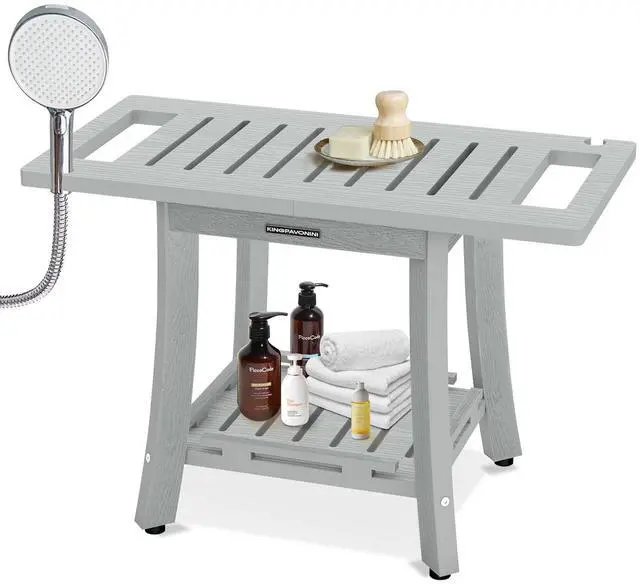 Main image of KingPavonini HDPS Shower Bench for Inside Shower to Sit on, 25.2'', Grey | Waterproof Shower Stool for Shaving Legs, 450 lb, Bathroom Chair Seat with Storage Shelf, for Tub/Outdoor Use, Quick Assembly