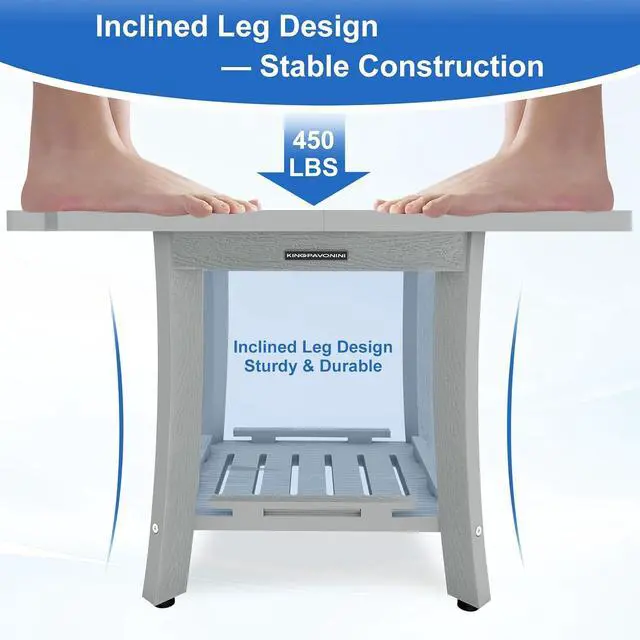 Alt view image 4 of 7 - KingPavonini HDPS Shower Bench for Inside Shower to Sit on, 25.2'', Grey | Waterproof Shower Stool for Shaving Legs, 450 lb, Bathroom Chair Seat with Storage Shelf, for Tub/Outdoor Use, Quick Assembly