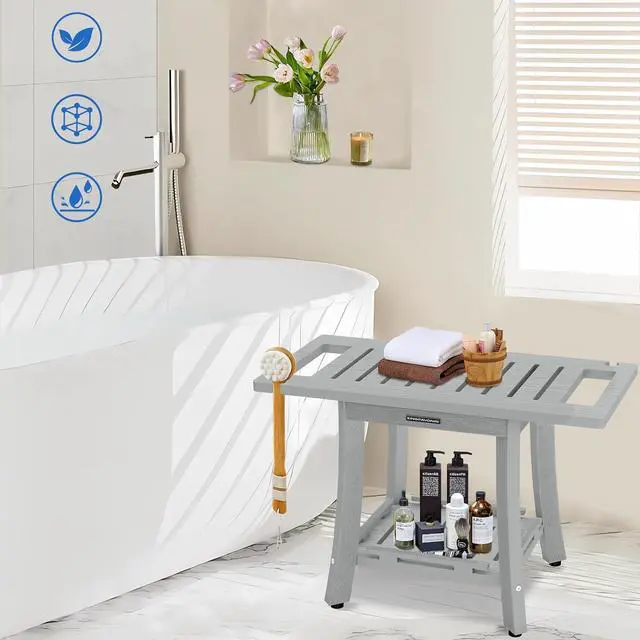 Alt view image 5 of 7 - KingPavonini HDPS Shower Bench for Inside Shower to Sit on, 25.2'', Grey | Waterproof Shower Stool for Shaving Legs, 450 lb, Bathroom Chair Seat with Storage Shelf, for Tub/Outdoor Use, Quick Assembly