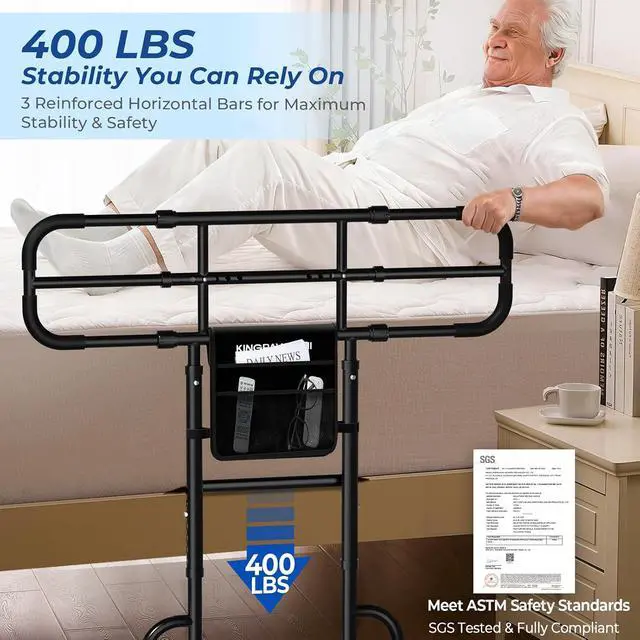 Alt view image 3 of 7 - KingPavonini Bed Rail with Ultra-Wide Extendable Handle, 400 LB, Model GL05 | ASTM-Approved, Bed Rails for Elderly Adults Safety, 4-Point Dual Support, Tool-Free Bed Rails for Seniors & Post Surgery