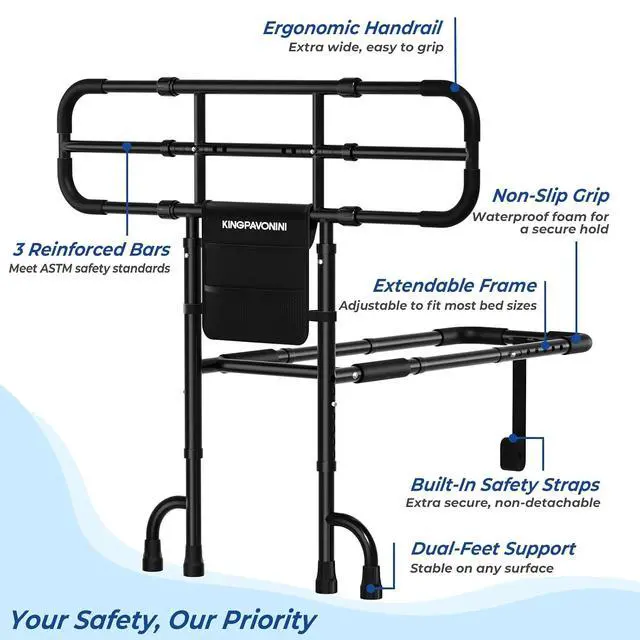 Alt view image 7 of 7 - KingPavonini Bed Rail with Ultra-Wide Extendable Handle, 400 LB, Model GL05 | ASTM-Approved, Bed Rails for Elderly Adults Safety, 4-Point Dual Support, Tool-Free Bed Rails for Seniors & Post Surgery