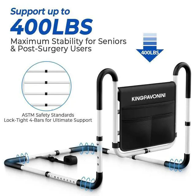 Alt view image 3 of 7 - KingPavonini Bed Rails for Elderly Adults Safety, 400LB Support, Model BL07 | ASTM-Approved, Bed Rails for Seniors & Post Surgery, Ergonomic Dual U-Handles & 4-Bar Reinforced Anti-Tip, Tool-Free