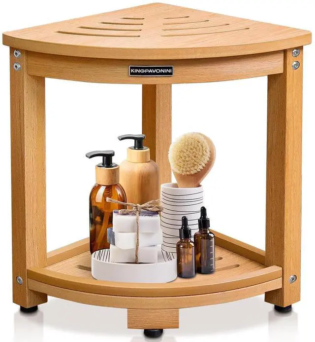 Main image of KingPavonini HDPS Corner Shower Stool for Shaving Legs, Waterproof, Teak | Anti-Fracture Shower Bench for Inside Shower, 400 lbs, Storage Shelf, Foot Rest for Small Bathrooms/Tub Use, Quick Assembly