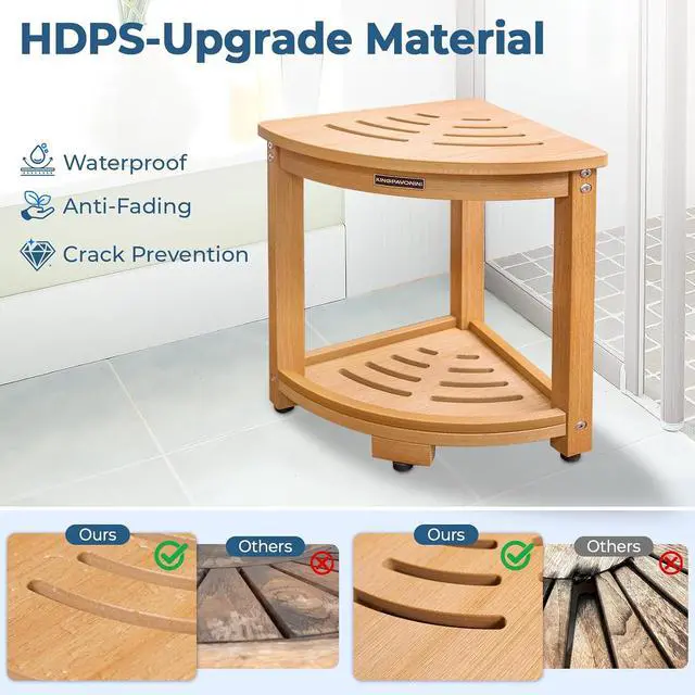 Alt view image 2 of 7 - KingPavonini HDPS Corner Shower Stool for Shaving Legs, Waterproof, Teak | Anti-Fracture Shower Bench for Inside Shower, 400 lbs, Storage Shelf, Foot Rest for Small Bathrooms/Tub Use, Quick Assembly
