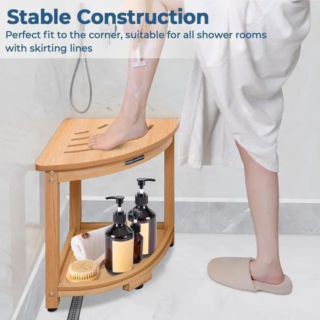 Alt view image 3 of 7 - KingPavonini HDPS Corner Shower Stool for Shaving Legs, Waterproof, Teak | Anti-Fracture Shower Bench for Inside Shower, 400 lbs, Storage Shelf, Foot Rest for Small Bathrooms/Tub Use, Quick Assembly