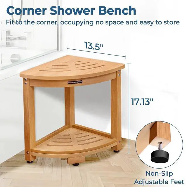 Alt view image 4 of 7 - KingPavonini HDPS Corner Shower Stool for Shaving Legs, Waterproof, Teak | Anti-Fracture Shower Bench for Inside Shower, 400 lbs, Storage Shelf, Foot Rest for Small Bathrooms/Tub Use, Quick Assembly