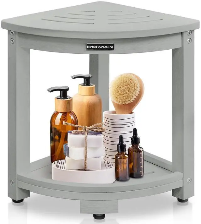 Main image of KingPavonini HDPS Corner Shower Stool for Shaving Legs, Waterproof, Grey | Anti-Fracture Shower Bench for Inside Shower, 400 lbs, Storage Shelf, Foot Rest for Small Bathrooms/Tub Use, Quick Assembly