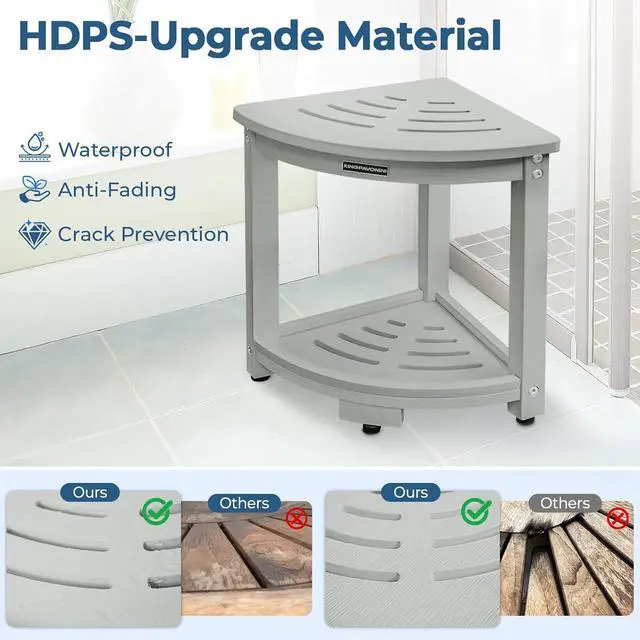 Alt view image 2 of 7 - KingPavonini HDPS Corner Shower Stool for Shaving Legs, Waterproof, Grey | Anti-Fracture Shower Bench for Inside Shower, 400 lbs, Storage Shelf, Foot Rest for Small Bathrooms/Tub Use, Quick Assembly
