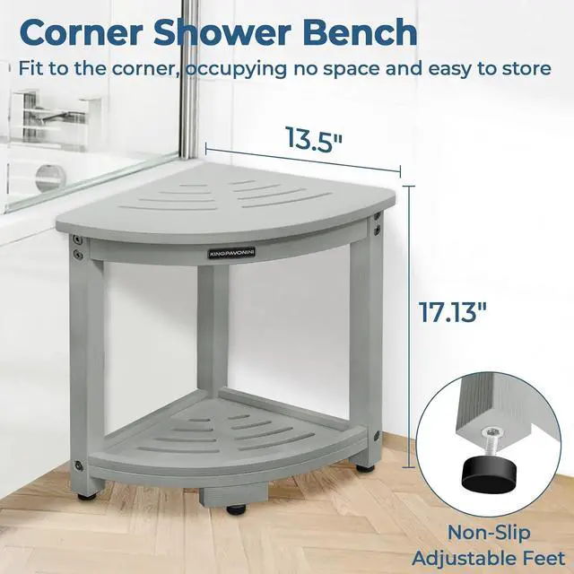 Alt view image 3 of 7 - KingPavonini HDPS Corner Shower Stool for Shaving Legs, Waterproof, Grey | Anti-Fracture Shower Bench for Inside Shower, 400 lbs, Storage Shelf, Foot Rest for Small Bathrooms/Tub Use, Quick Assembly