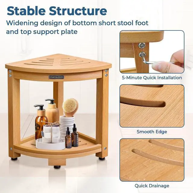 Alt view image 7 of 7 - KingPavonini HDPS Corner Shower Stool for Shaving Legs, Waterproof, Teak | Anti-Fracture Shower Bench for Inside Shower, 400 lbs, Storage Shelf, Foot Rest for Small Bathrooms/Tub Use, Quick Assembly