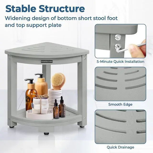 Alt view image 6 of 7 - KingPavonini HDPS Corner Shower Stool for Shaving Legs, Waterproof, Grey | Anti-Fracture Shower Bench for Inside Shower, 400 lbs, Storage Shelf, Foot Rest for Small Bathrooms/Tub Use, Quick Assembly