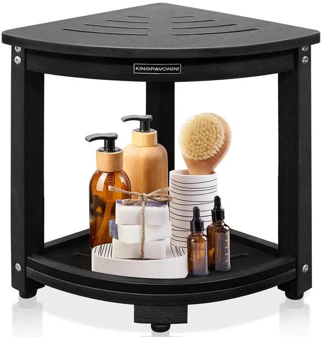 Main image of KingPavonini HDPS Corner Shower Stool for Shaving Legs, Waterproof, Black | Anti-Fracture Shower Bench for Inside Shower, 400 lbs, Storage Shelf, Foot Rest for Small Bathrooms/Tub Use, Quick Assembly