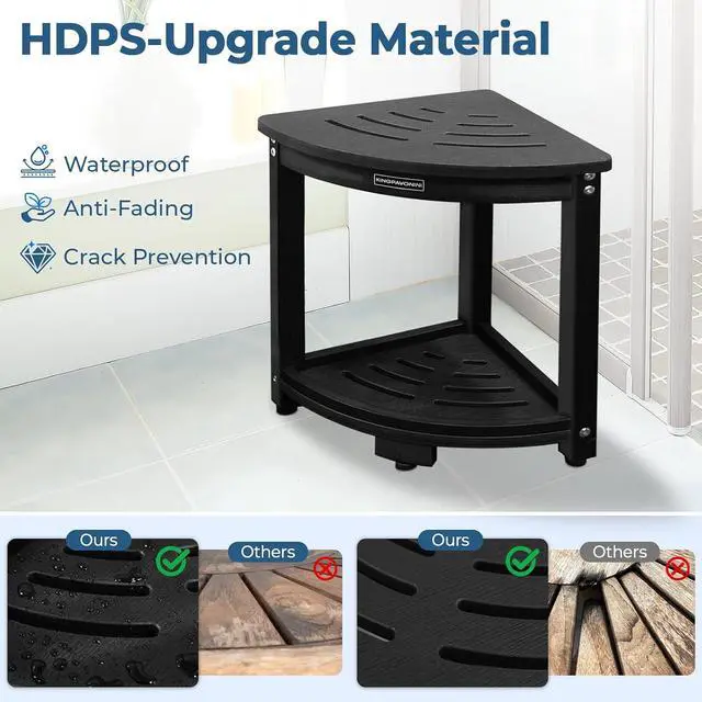 Alt view image 2 of 7 - KingPavonini HDPS Corner Shower Stool for Shaving Legs, Waterproof, Black | Anti-Fracture Shower Bench for Inside Shower, 400 lbs, Storage Shelf, Foot Rest for Small Bathrooms/Tub Use, Quick Assembly