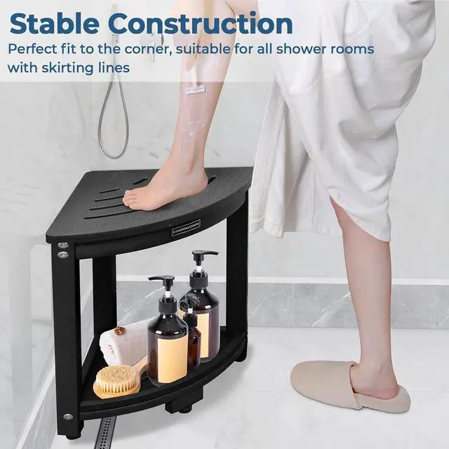 Alt view image 3 of 7 - KingPavonini HDPS Corner Shower Stool for Shaving Legs, Waterproof, Black | Anti-Fracture Shower Bench for Inside Shower, 400 lbs, Storage Shelf, Foot Rest for Small Bathrooms/Tub Use, Quick Assembly