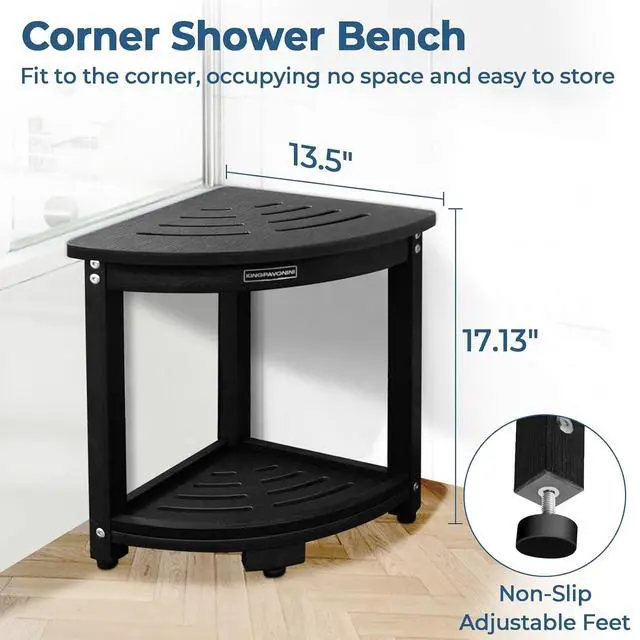 Alt view image 4 of 7 - KingPavonini HDPS Corner Shower Stool for Shaving Legs, Waterproof, Black | Anti-Fracture Shower Bench for Inside Shower, 400 lbs, Storage Shelf, Foot Rest for Small Bathrooms/Tub Use, Quick Assembly