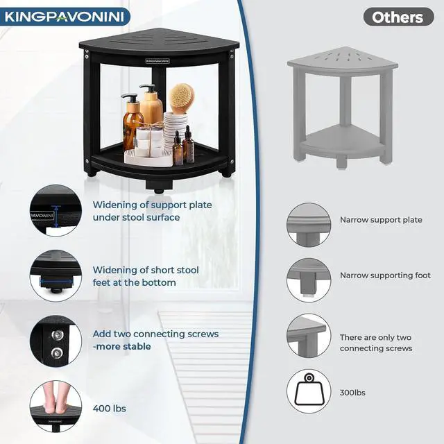 Alt view image 5 of 7 - KingPavonini HDPS Corner Shower Stool for Shaving Legs, Waterproof, Black | Anti-Fracture Shower Bench for Inside Shower, 400 lbs, Storage Shelf, Foot Rest for Small Bathrooms/Tub Use, Quick Assembly